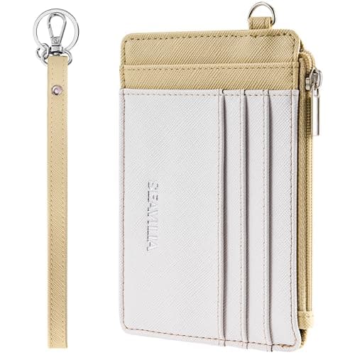 SEAVILIA Small Wallet for Women Slim Wristlet Keychain Wallets RFID Credit Card Holder With Zipper Pocket, ID Window (Beige＆Apricot) - Image 1