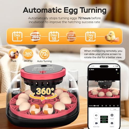 Caifunway Incubators for Hatching Eggs with Automatic Egg Turning and Humidity Control, with Remote APP Control, 12 Egg Capacity, for Chicken Duck Pigeon Quail (Red) - Thumbnail 4