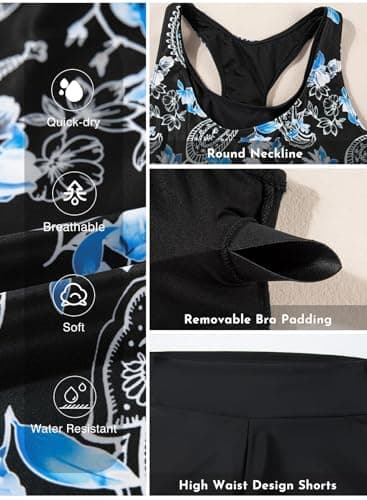 Aleumdr Womens Tankini Swimsuits Athletic Three Piece Tummy Control Bathing Suits with Shorts Swimsuits for Women Black Floral Small - Thumbnail 5