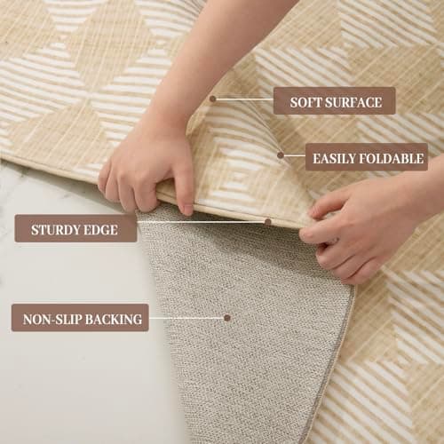 Washable Rug 8x10 – Soft Textured Area Rug with Non-Slip Backing, Modern Luxury Checkered Design, Machine Washable Carpet Perfect for Living Room, Bedroom, and Dining Room, Beige - Thumbnail 5