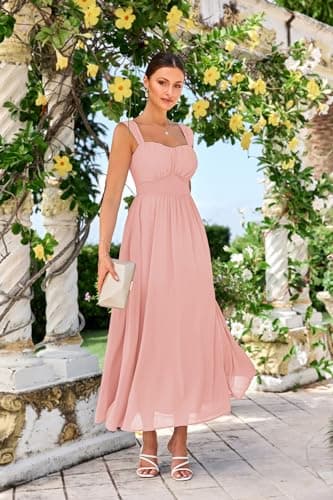 GRACE KARIN Summer Light Pink Dress for Women 2026,Off the Shoulder Smocked Bridesmaid Dresses,Formal Baby Shower Maxi Dresses M - Thumbnail 2
