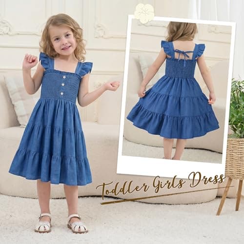 HONGTEYA Toddler Girl Dress Ruffle Sleeveless Princess Dresses, Summer Dress Beach Sundress (US, Age, 5 Years, 6 Years, Cowboy) - Thumbnail 2
