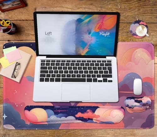 Large Mouse Pad Set, Cute Extended Mouse Pad+Keyboard Wrist Rest Support Desk Pad Memory Foam Ergonomic Easy Typing, 35.4×15.7 in Desk Mat Set for Home Office Study Game - Cloud - Thumbnail 4