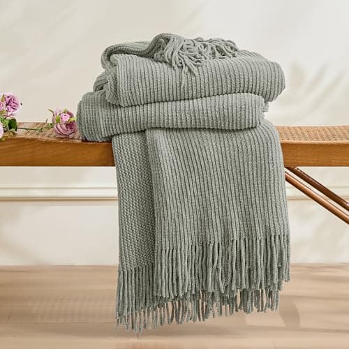 inhand Throw Blanket for Couch Bed,Chunky Chenille Woven Soft Blankets with Tassels, Cozy Boho Farmhouse Fall Winter Decor,Warm for Women,60"x80",Extra Thick-Light Grey - Thumbnail 5
