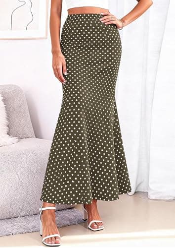 PRETTYGARDEN Women's Maxi Skirt 2026 Summer Flowy Polka Dot Floral High Waisted Mermaid Office Work Spring Long Slip Skirts (Dot Army Green White,X-Small) - Thumbnail 2