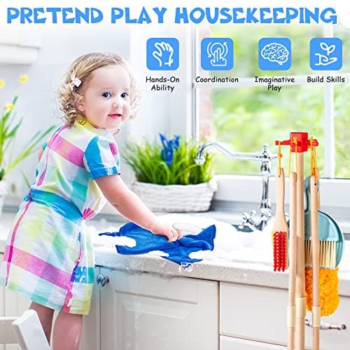 Wooden Kids Cleaning Set for Toddlers,8 Pieces Montessori Cleaning Toys with Kids Broom and Mop Set, Housework Pretend Play Toy Gift for Boys Girls Ages 3+ - Thumbnail 4