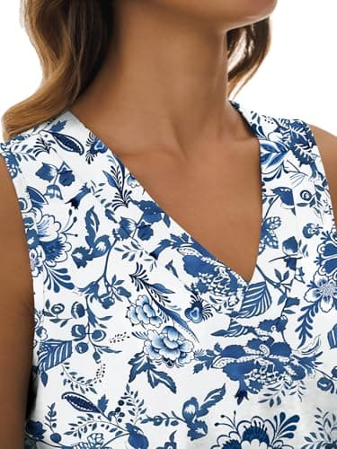 GKBK Womens Summer Tops Trendy Tank Tops Flowy V Neck t Shirts Vacation Outfits Flowy Sleeveless Tshirts Shirts Loose Fit Soft Dressy Blouses Blue-White Floral XXL - Thumbnail 6