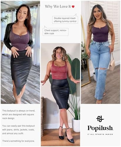Popilush Shapewear Bodysuit Sparkly Tops for Women Tummy Control Square Neck Sleeveless Body suit Going Out Tank Tops - Thumbnail 2