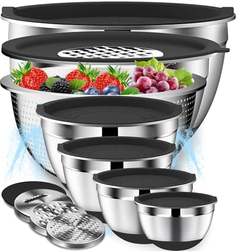 DUTZUN Mixing Bowls with Lids Set - 16pcs Stainless Steel Mixing Bowl Set with Colander, 3 Grater Attachments, Non-Slip Bottom, Metal Nesting Bowls with Strainer for Mixing & Serving - Black