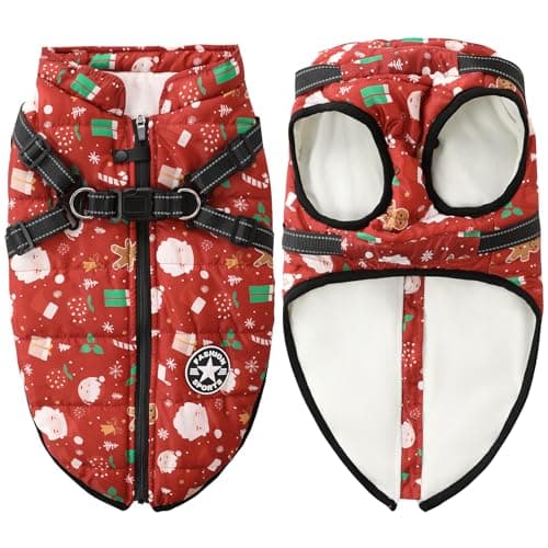 Aiboria Dog Jacket Windproof Fleece Dog Sweater with Padded Vest Chest Strap Harness Dogs Coat Christmas Red S