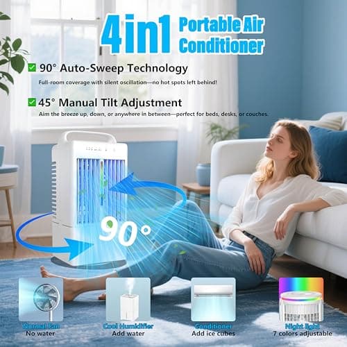 Portable Air Conditioners - Upgraded 90° Auto Swing Mini Personal Air Conditioner - 3 Speeds & 2/4H Timer, 900ml Water Tank, 7 Color Light, Evaporative Air Cooler AC Cold Fan for Bedroom Office Desk - Thumbnail 5