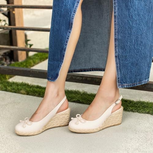 EQAUDES Wedges for Women Platform Sandanl Espadrilles Bow Summer Adjustable - Closed Toe, Slingback with Buckle, Cute, Raffia, Dressy Shoes - Thumbnail 2