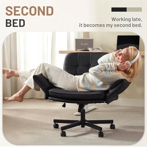 Hayelf Criss Cross Chair with Wheels - PU Leather Comfy Wide Seat Criss Cross Desk Office Chair with Armrests - Comfortable Swivel Rolling Tilting Vanity Chair with Back for Home Office Makeup Bedroom - Thumbnail 6