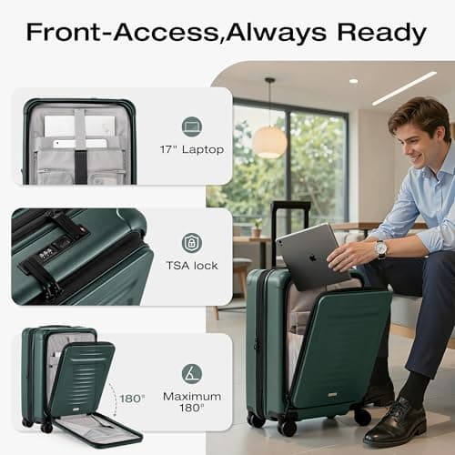 Coolife Carry On Luggage Suitcase : 22x14x9 Airline Approved Travel Luggage with Spinner Wheels, Front Pocket Expandable Hardshell Suitcases with TSA Lock Green - Thumbnail 2