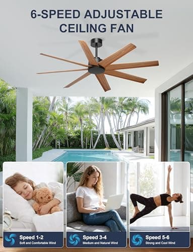 Ohniyou 60'' Ceiling Fan No Light - 8 Blades Modern Farmhouse Ceiling Fan Remote/APP Control, Covered Outdoor Ceiling Fan for Patio, Living Room, Black+Wood Color - Thumbnail 5