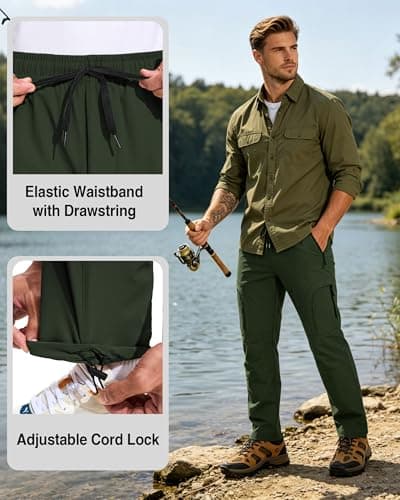 Mens Cargo Hiking Pants 5 Pockets Waterproof Lightweight Quick Dry Work Tactical Pants UPF 50+ Elastic Waist Drawstring Athletic Fishing Outdoor Travel Army Green M - Thumbnail 6