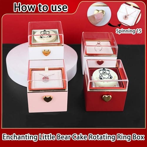Bear Cake Rotating Ring Jewelry Box with S925 Necklace & 999 Silver Pendant, Blue Zirconia Ring Box for Proposal Engagement Wedding Birthday Gift, Surprise Flip Ring Bearer Box (Red Box+Necklace) - Thumbnail 6