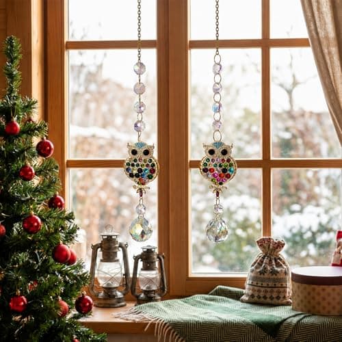 2Pcs Rhinestones Owl Crystal Suncatcher for Windows Hanging, 15.7In Prism Sun Catcher with Chain and Hook,Rainbow Maker for Home Garden Ceiling,Christmas Birthday Wedding Party Owl Gifts - Thumbnail 4