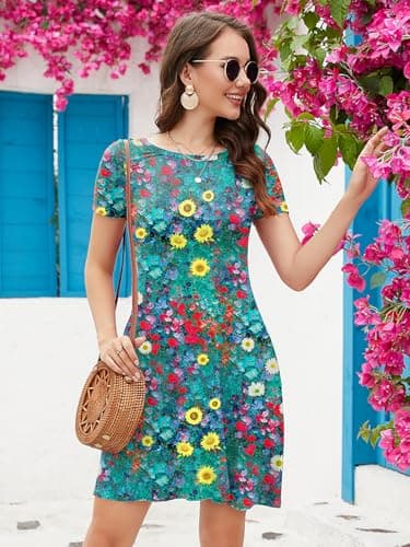 KORSIS T-Shirt Dress for Women Casual Summer Short Sleeve Floral S Dresses Swing Flowy Beach Vacation Sundress with Pockets - Thumbnail 3