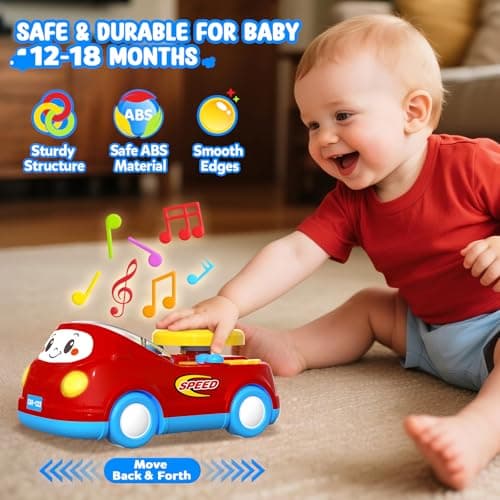 Toys for 1 Year Old Boy Gifts - 2-in-1 Toddler Push Car & Musical Racing Adventure Steering Wheel Driving Game, Interactive Simulated Driving Car for Baby 12-18 Months, Birthday Gift Ages 1-2,Dark Red - Thumbnail 3