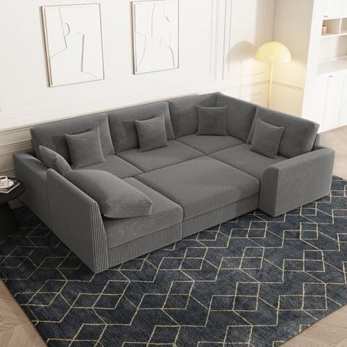 Modular Sectional Sofa, Oversized U Shaped Couch, Convertible Sleeper Sofa, 6 Seat Sofa with Chaise, Deep Seat Comfy Cloud Couch with Ottoman and Five Pillows for Living Room (U Shape Sectional, Gray) - Thumbnail 3