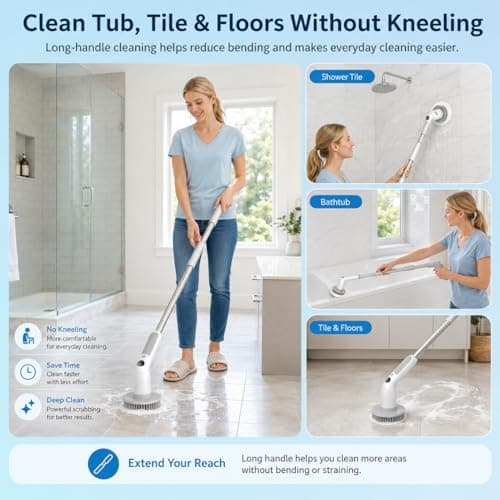 Electric Spin Scrubber, Cordless 20W High-Torque Cleaning Brush Bathroom Scrubber, IPX7 Waterproof Electric Scrubber with 6 Brush Heads, Extendable Long Handle Power Scrubber for Bathtub Floor - Thumbnail 5