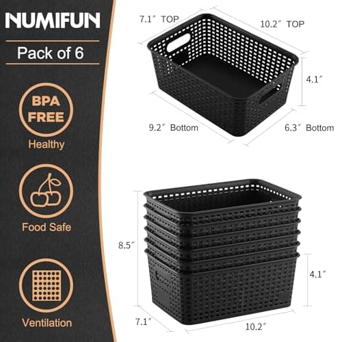 Plastic Storage Baskets 6 Pack Sturdy Storage Organizer Basket Woven Plastic Storage Bins for Shelves,Closet,Countertops, Desktops, Cabinets and Badrooms,Saving Storage, Stylish Design,Black - Thumbnail 2