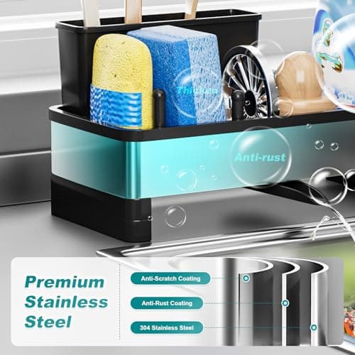 Ewaiira Stainless Steel Sink Caddy, Sponge Holder for Kitchen Sink with Brush Holder and Towel Rack, Sink Organizer for Countertop, Soap Dispenser Kitchen Organizers Storage Essentials (A-Black) - Thumbnail 4