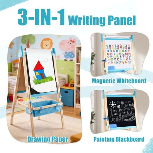 Wooden Easel for Kids, Adjustable Kids Art Easel, Learning Toy for Boys and Girls Ages 3-4 4-8 8-12, Wooden Blackboard & Magnetic Whiteboard and Drawing Paper Holder, 2 Drawing Paper Roll - Thumbnail 6