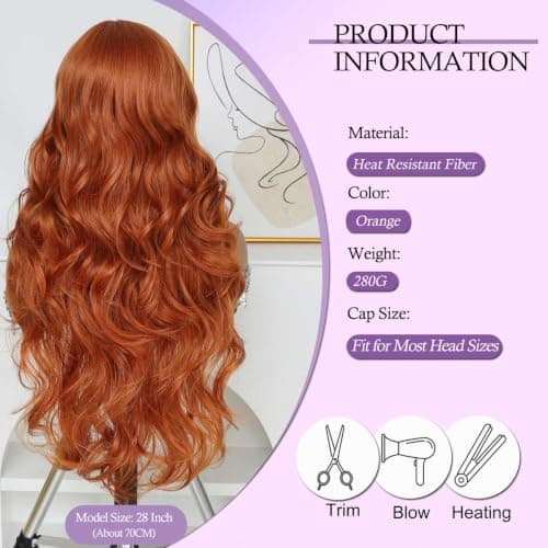 Barbique Orange Synthetic Wig with Bangs, Long Wavy Hair Natural Hairline, Heat Resistant Synthetic Hair, Adjustable Straps, Perfect for Work Party Daily Use Beginner Friendly - Thumbnail 2