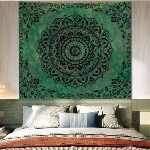 Tichgeim Green Mandala Tapestry for Bedroom Aesthetic, Boho Hippie Ceiling Art Decor Tapestries, Bohemian y2k Floral Backdrop Wall Hanging for Teen Girls Dorm Living Room (51"X60") - Thumbnail 2