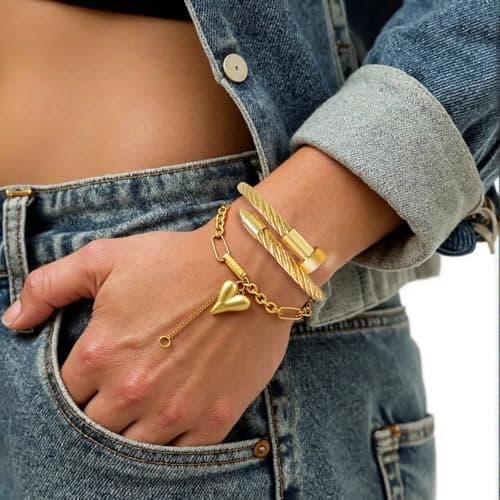 LCTrusttmor Gahna Heart Charm Bracelets for Women, Stackable 18K Gold Plated Heart Charm with Adjustable Box Link Chain Set Trendy Jewelry Gifts - Thumbnail 2