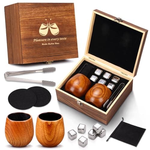 Charred Wooden Bourbon Glasses Set, 2 Pack Handcrafted Whiskey Tumblers with 6 Stainless Steel Whiskey Stones & Ice Tongs in Wooden Gift Box, Unique Bourbon Gifts for Men, Dad, Boyfriend