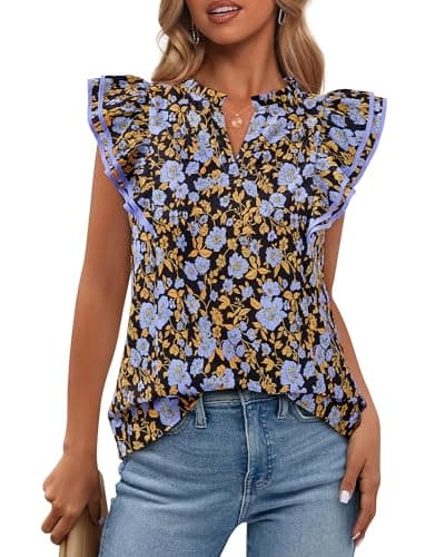 BTFBM Womens Tops Dressy Casual 2026 Spring Summer Shirts Boho Floral V Neck Ruffle Cap Sleeve Business Work Blouses(Floral Blue, Medium) - Image 1