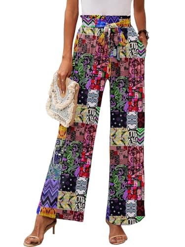 Heymoments Women's Wide Leg Lounge Pants with Pockets Floral Print XX-Large Lightweight High Waisted Adjustable Tie Knot Loose Comfy Casual Trousers - Image 1