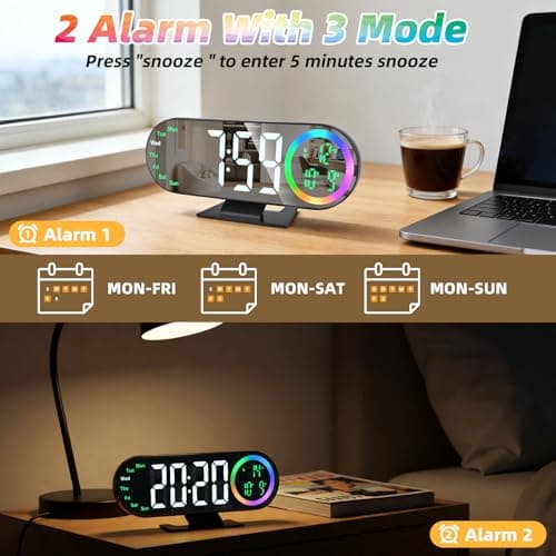 Digital Alarm Clocks with 16 Night Light, Loud Alarm Clock for Heavy Sleepers Adults Teens Kids Seniors, 3 Brightness 2 Alarm Mirror and LED Big Display Clocks for Bedside, Desk, Bedrooms Living Room - Thumbnail 3