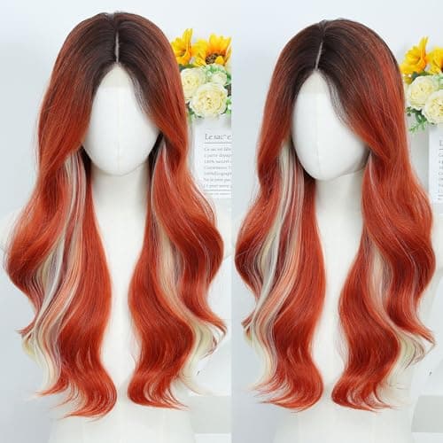 Copper Orange Lace Front Wig for Women Long Wavy Synthetic Middle Part