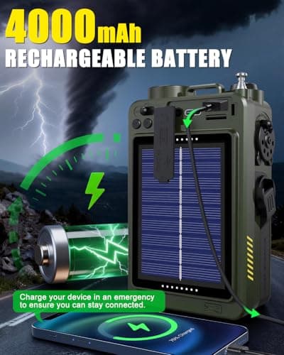 Emgykit R11 Emergency Crank Radio - 4000mAh/14800mWh NOAA/SW/AM/FM, Solar/Hand Crank/USB Charging, Bluetooth Receiver/USB/TF Playback,with Compass,Flashlight,SOS for Camping & Emergencies - Green - Thumbnail 5