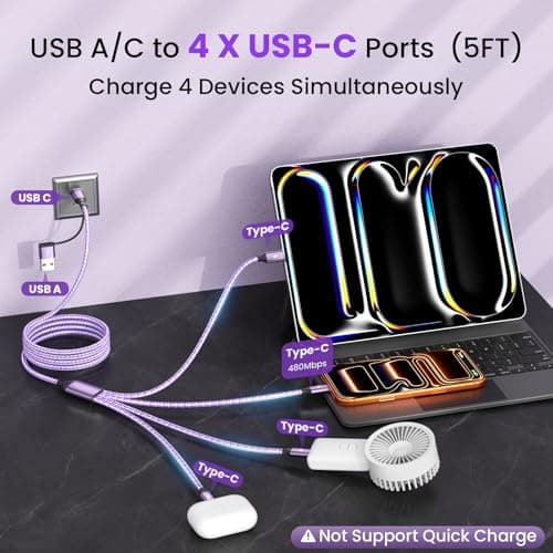 Jogrytece USB C Splitter Multi Charging Cable, USB C to USB C Cable with 4 X Type-C, Travel Holiday Essentials Phone Charger Cord for iPhone 17/16/15, Galaxy, Android 2Pack 5FT Purple - Thumbnail 2