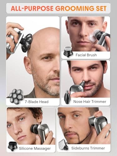 Head Shavers for Bald Men, 7D Detachable Floating Blades Electric Razor, 5-in-1 Grooming Kit, Beard Trimmer, Nose Hair Trimmer, LED Display, Wet Dry Shaver, Gifts for Men, 800mAh Large Battery - Thumbnail 2