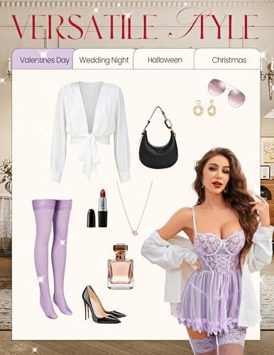 Tidouk Sexy Babydoll Lingerie for Women Push up Lingerie Dress Petal Hem Lace Chemise with Garter(Lilac,Medium) - Thumbnail 5
