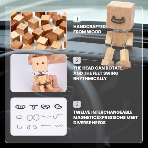 Manoai Shaking Wooden Man Figurine, Shaking Feet Woodens Doll with 12PCS Magnetic Expressions, Handmade Shaking Feet Wooden Car Dashboard Decorations, Creative Wood Desktop Decor - Thumbnail 5