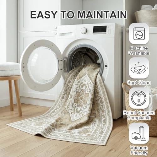 Cnythlis Extra Large Washable Area Rug Living Room Rug 9’x12’, Vintage Medallion Non Slip Water Resistant Faux Wool Carpet for Bedroom Dining Room Office, 0.26" Low Pile, Beige & Ivory - Thumbnail 4