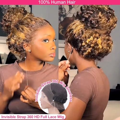 FFEGG Hidden Strap 360 Water Wave 220% Density Honey Blonde Deep Curly Human Hair wig Ombre Deep Wave 4/27 Highlight Lace Front Wigs Pre Plucked Wet And Wavy Water Wave Wig for Women 18 Inch - Thumbnail 4