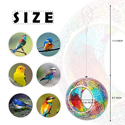 VCUTEKA Bird Feeder Mosaic Fly Through Bird Feeders for Outside Hanging with Round Shape Glass Container to Attract More Wild Birds for Garden, Yard, Backyard, Deck and Porch Decor, Purple 7-Inch - Thumbnail 5