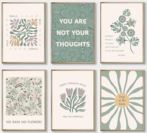 Wavkkey 6 Pcs Mental Health Wall Art Psychology Therapy Motivational Quotes Green abstract Boho floral Pictures Poster Wall Decor Canvas Print Artwork for Bedroom Office Home Decoration - Image 1