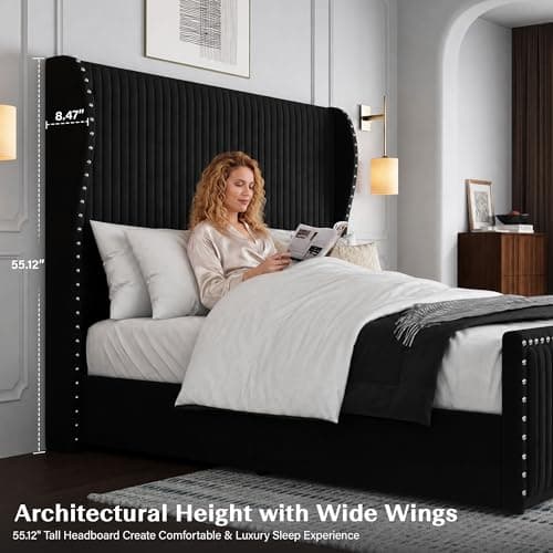 Belffin Queen Size Bed Frame with 55" Headboard Nailhead Trim Design, Black - Thumbnail 5