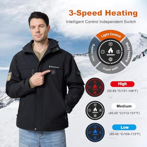 Brimekey Graphene Heated Jacket for Men, Fast Charge 20000mAh Large Capacity, Men's Heated Jacket with Fleece Lining, 6 Heating Zones Windproof Waterproof Soft Shell Hoodie Jackets Skiing Hunting - Thumbnail 4