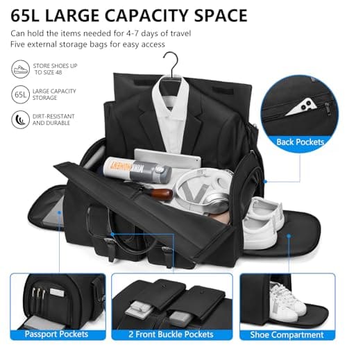 Carry-On Garment Bag for Travel, Convertible Duffel Bag for Men - 2 in 1 Large Luggage Dress Bag with Shoe Pouch - Thumbnail 3