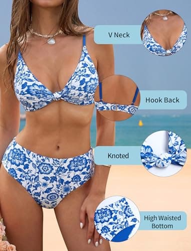 ZAFUL High Waisted Bikini Sets for Women Texture Push Up 2 Piece Swimsuit Knot Front V Neck Bathing Suit Brazilian Cheeky Bottom Blue Floral S - Thumbnail 4